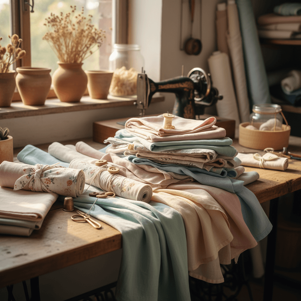 Tissus et accessoires de couture artisanale disposés sur un établi