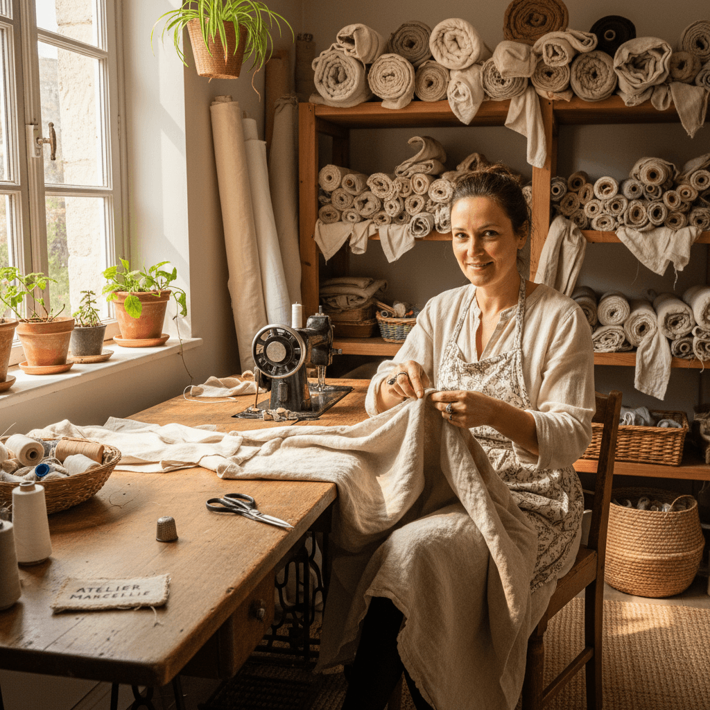 Portrait de la créatrice dans son atelier de couture